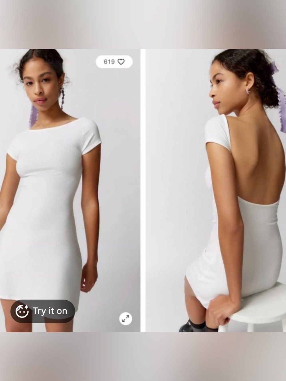 Urban Outfitters Cream Ribbed Short-Sleeve Low Back Mini Dress - EUC